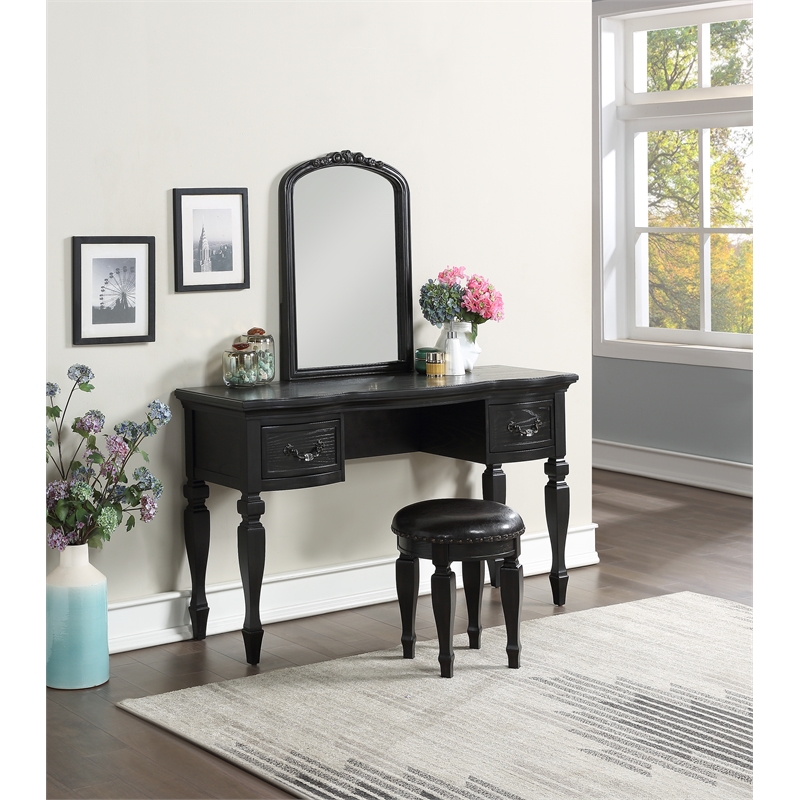 Poundex Furniture Wood Vanity Set with Stool and Mirror in Black