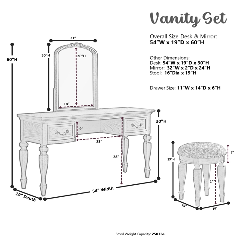 Poundex Furniture Wood Vanity Set with Stool and Mirror in Black