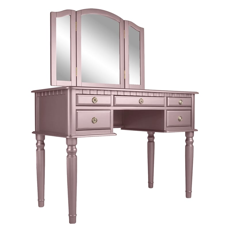 Poundex Furniture Wood Vanity Set with Mirror and Stool in Pink Rose Gold Color
