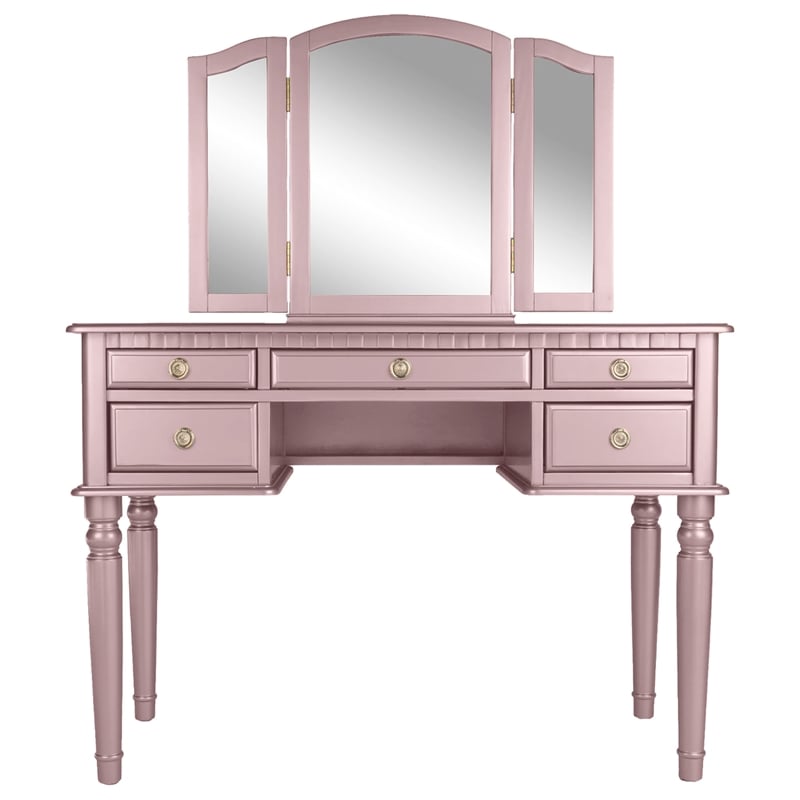 Poundex Furniture Wood Vanity Set with Mirror and Stool in Pink Rose Gold Color