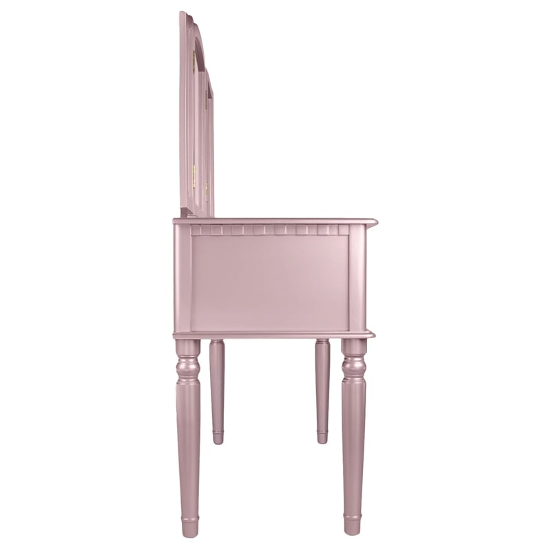 Poundex Furniture Wood Vanity Set with Mirror and Stool in Pink Rose Gold Color