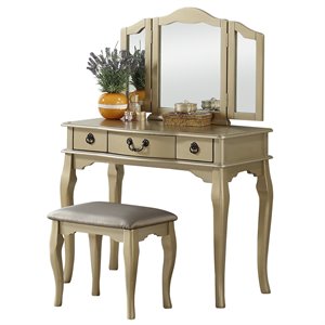 Poundex Furniture Wood Vanity Set with Mirror in Champagne Gold Color
