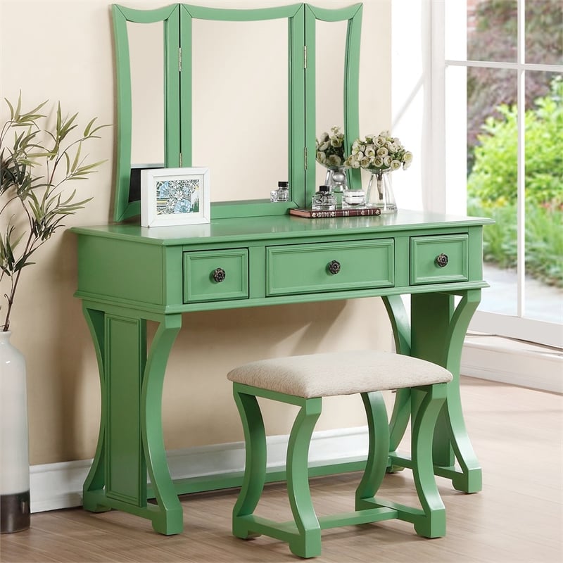 Poundex Wood Vanity Set with Stool and Mirror in Apple Green