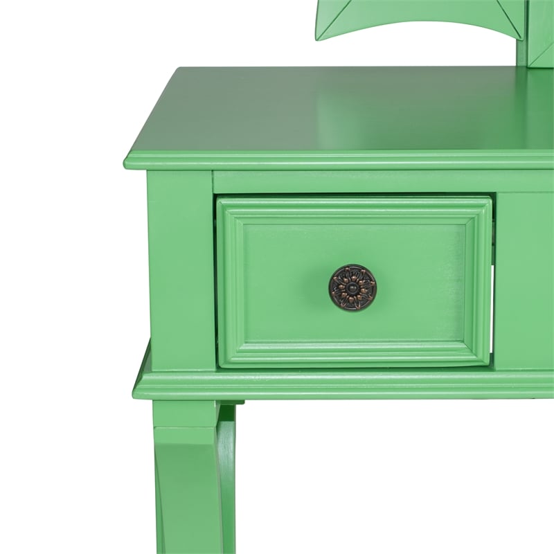 Poundex Wood Vanity Set with Stool and Mirror in Apple Green