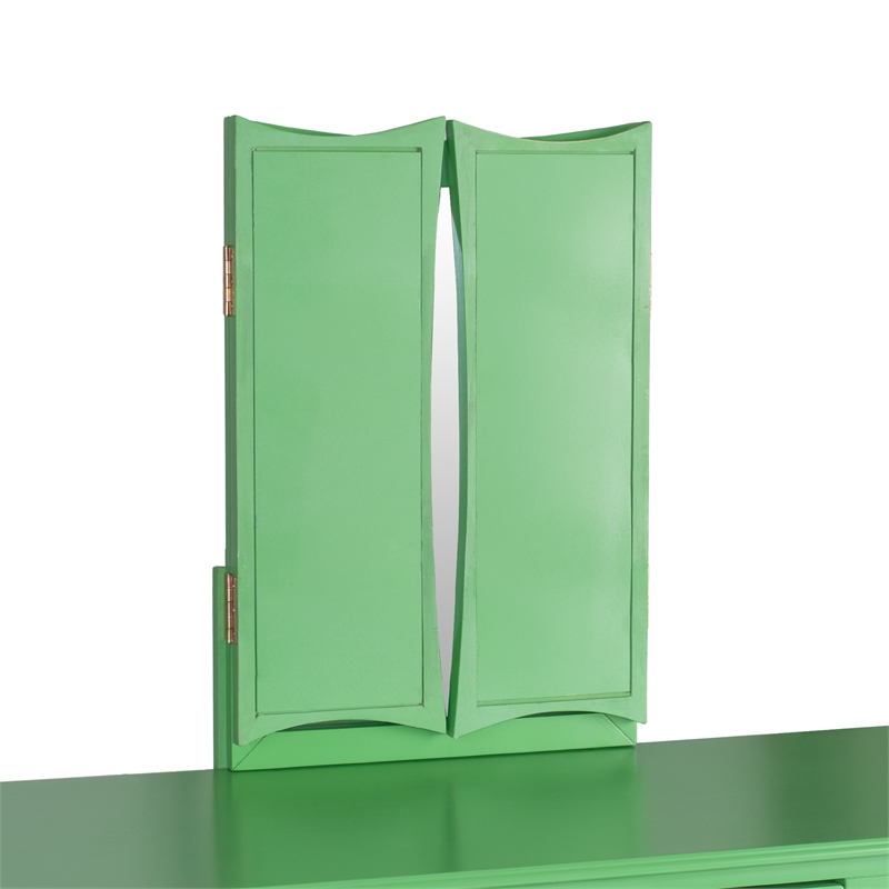 Poundex Wood Vanity Set with Stool and Mirror in Apple Green