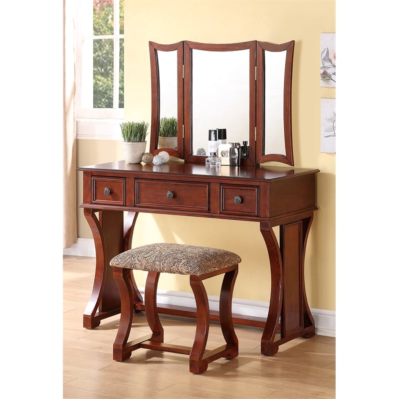 Poundex Furniture Wood Vanity Set with Stool and Mirror in Cherry Homesquare