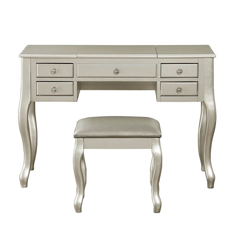 Poundex Furniture Wood Vanity Set with Stool and Mirror in Silver