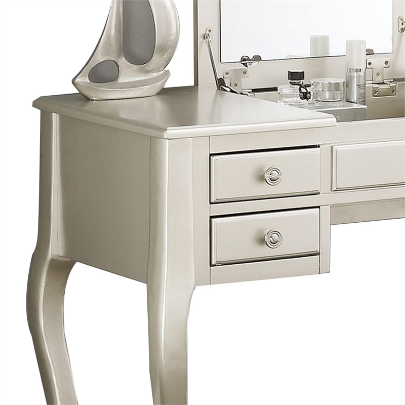 Poundex Furniture Wood Vanity Set with Stool and Mirror in Silver