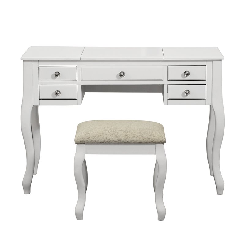 Poundex Furniture Wood Vanity Set with Stool and Mirror in White