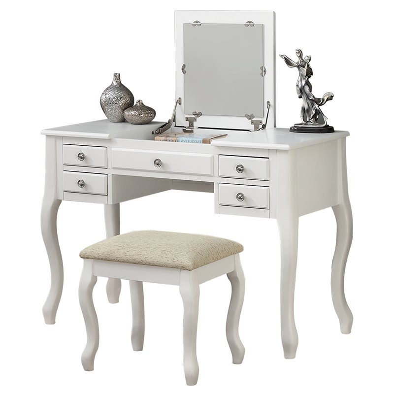 Poundex Furniture Wood Vanity Set with Stool and Mirror in White