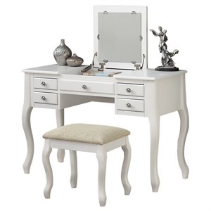 Poundex Furniture Wood Vanity Set with Stool and Mirror in White