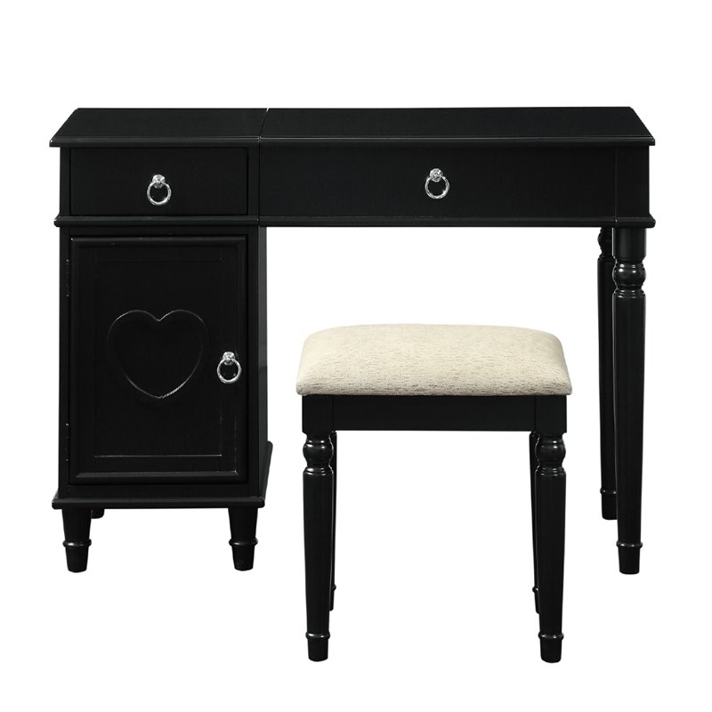 Poundex Furniture Wood Vanity Set with Stool and Mirror in Black