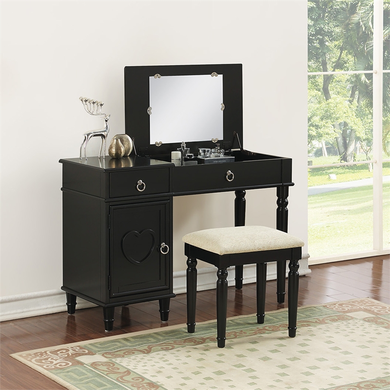 Poundex Furniture Wood Vanity Set with Stool and Mirror in Black