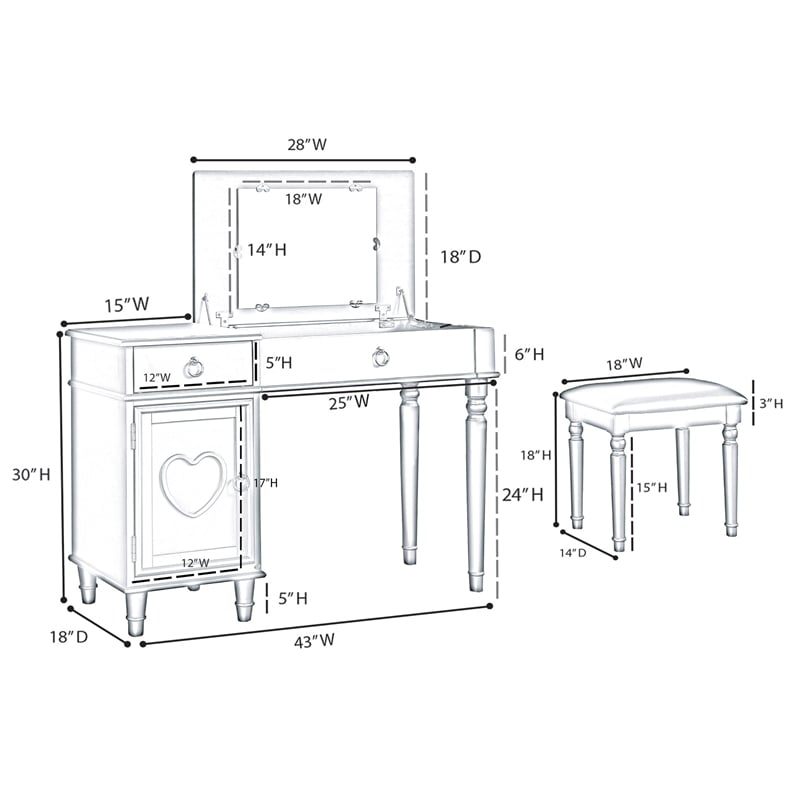 Poundex Furniture Wood Vanity Set with Stool and Mirror in Silver