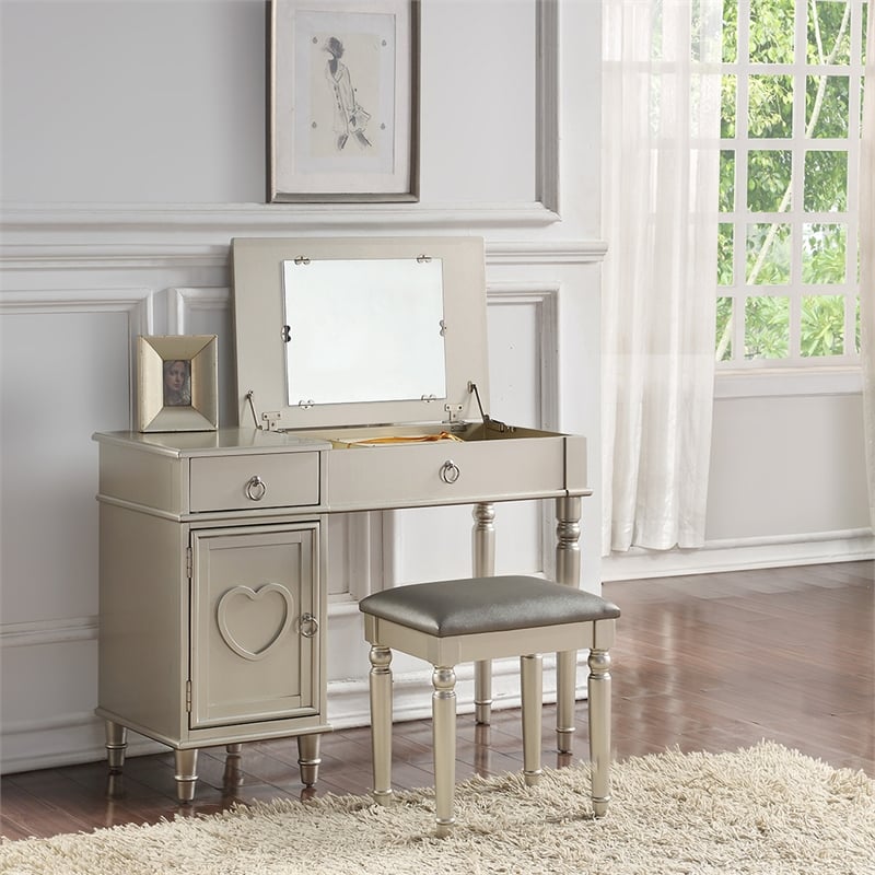 Poundex Furniture Wood Vanity Set with Stool and Mirror in Silver