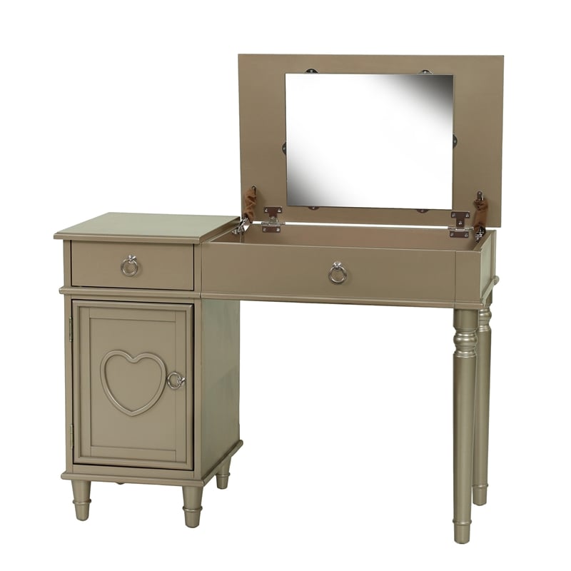 Poundex Furniture Wood Vanity Set with Stool and Mirror in Silver