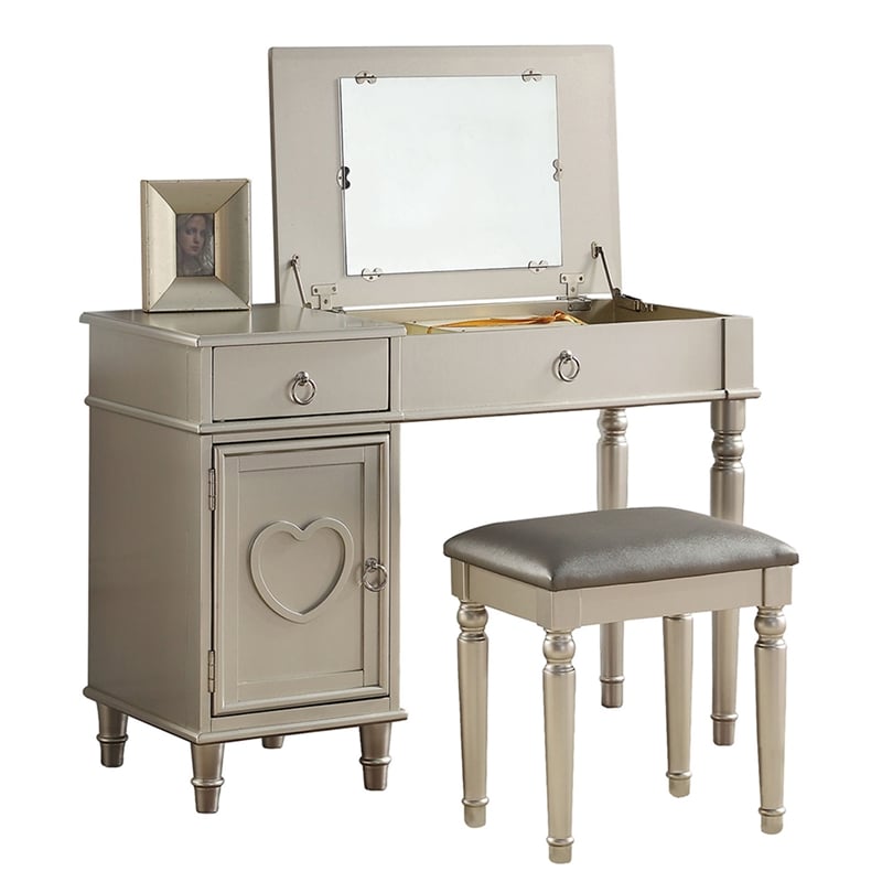 Poundex Furniture Wood Vanity Set with Stool and Mirror in Silver