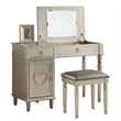Poundex Furniture Wood Vanity Set with Stool and Mirror in Silver