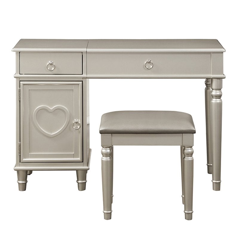 Poundex Furniture Wood Vanity Set with Stool and Mirror in Silver
