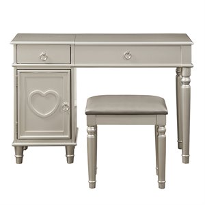 Poundex Furniture Wood Vanity Set with Stool and Mirror in Silver
