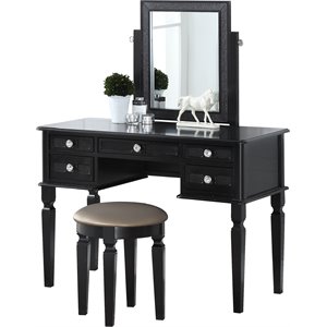 Poundex Wood Vanity Set with Stool and Mirror in Galaxy Black