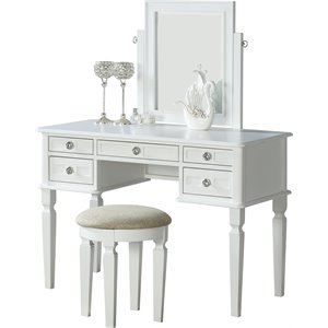 Poundex Furniture Wood Vanity Set with Stool and Mirror in White