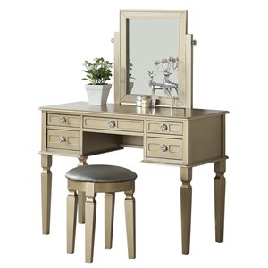 Poundex Wood Vanity Set with Stool and Mirror in Champagne Gold