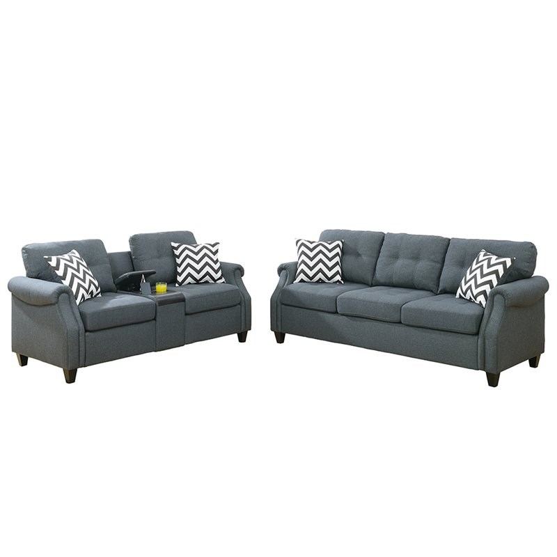 Poundex 2 Piece Fabric Sofa Set with USB Console - Thumbnail 4