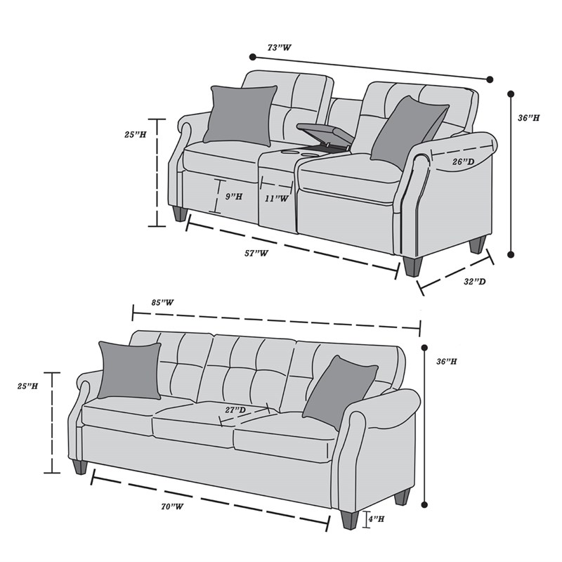 Poundex 2 Piece Fabric Sofa Set with USB Console in Blue Gray