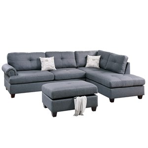 poundex 3 piece fabric sectional sofa set with storage ottoman
