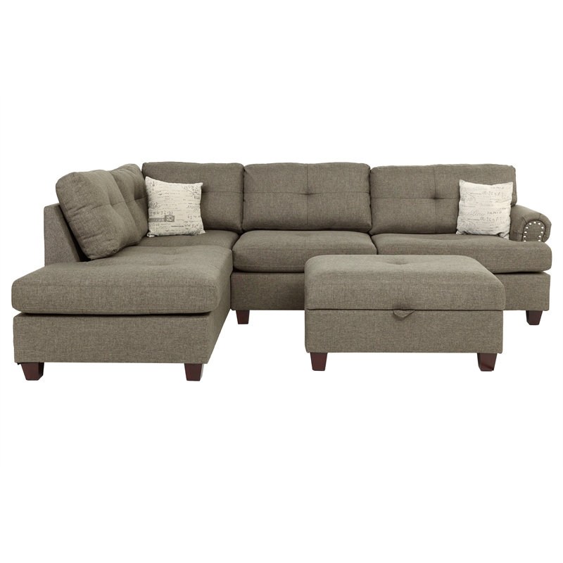 Poundex 3 Piece Fabric Sectional Sofa Set with Storage Ottoman in Light Coffee