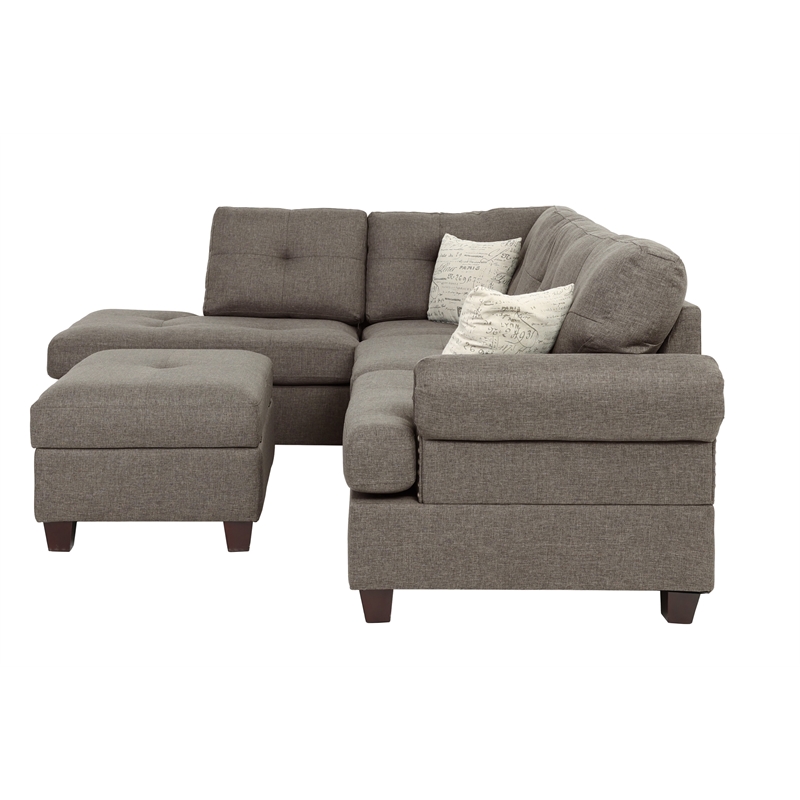 Poundex 3 Piece Fabric Sectional Sofa Set with Storage Ottoman in Light Coffee