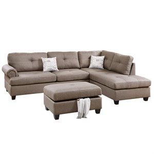 Poundex 3 Piece Fabric Sectional Sofa Set with Storage Ottoman in Light Coffee