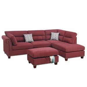 Poundex 3 Piece Fabric Sectional Sofa Set with Storage Ottoman in Paprika Red