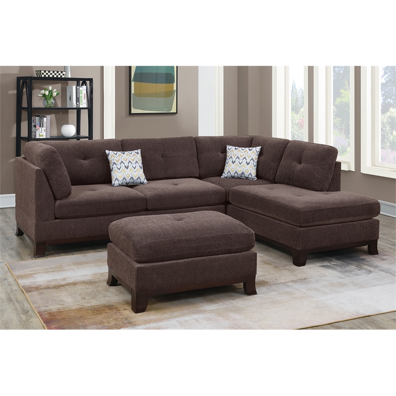 Poundex 3 Piece Fabric Sectional Sofa Set with Ottoman in Dark Coffee