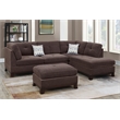 Poundex 3 Piece Fabric Sectional Sofa Set with Ottoman in Dark Coffee