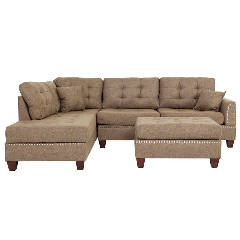 Poundex 3 Piece Fabric Sectional Sofa Set with Ottoman in Coffee
