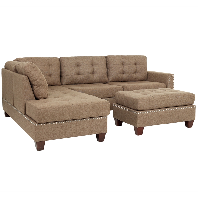 Poundex 3 Piece Fabric Sectional Sofa Set with Ottoman in Coffee