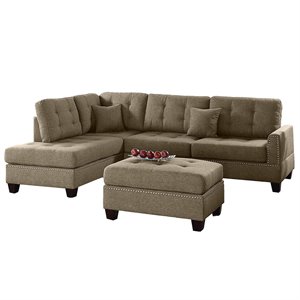 Poundex 3 Piece Fabric Sectional Sofa Set with Ottoman in Coffee
