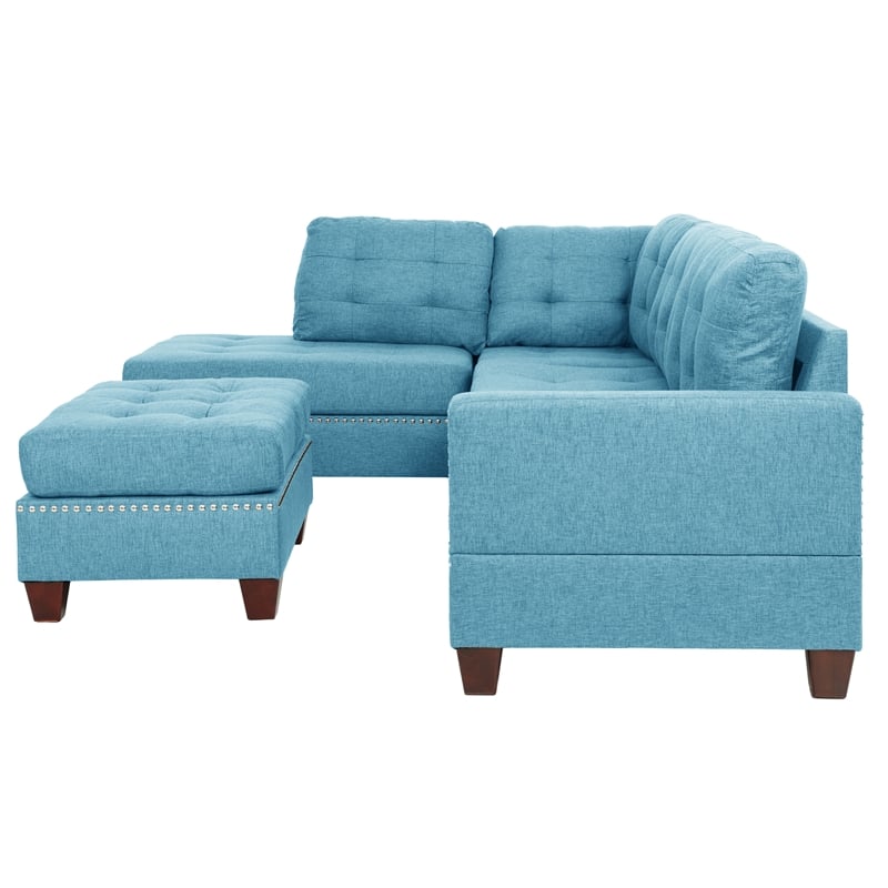 Poundex 3 Piece Fabric Sectional Sofa Set with Ottoman in Blue Gray
