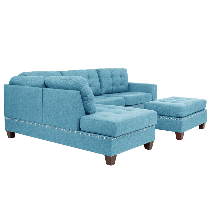 Poundex 3 Piece Fabric Sectional Sofa Set with Ottoman in Blue Gray