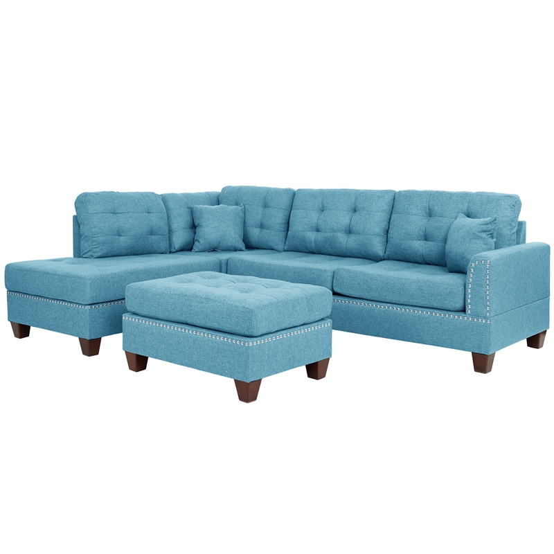 Poundex 3 Piece Fabric Sectional Sofa Set with Ottoman in Blue Gray
