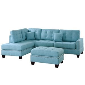 Poundex 3 Piece Fabric Sectional Sofa Set with Ottoman in Blue Gray