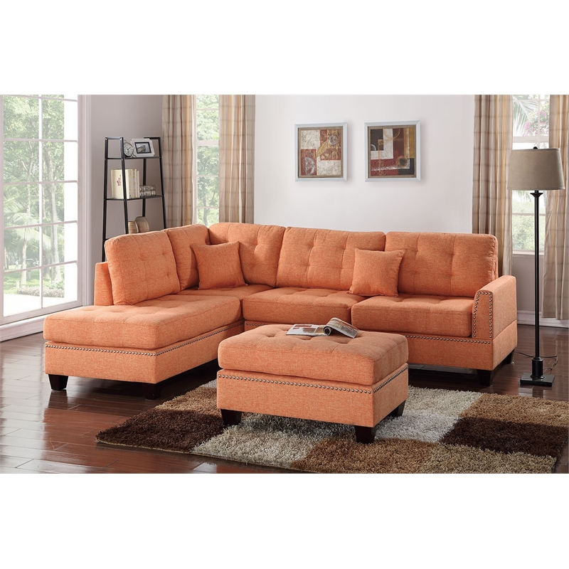 Poundex 3 Piece Fabric Sectional Sofa Set with Ottoman in Citrus Orange