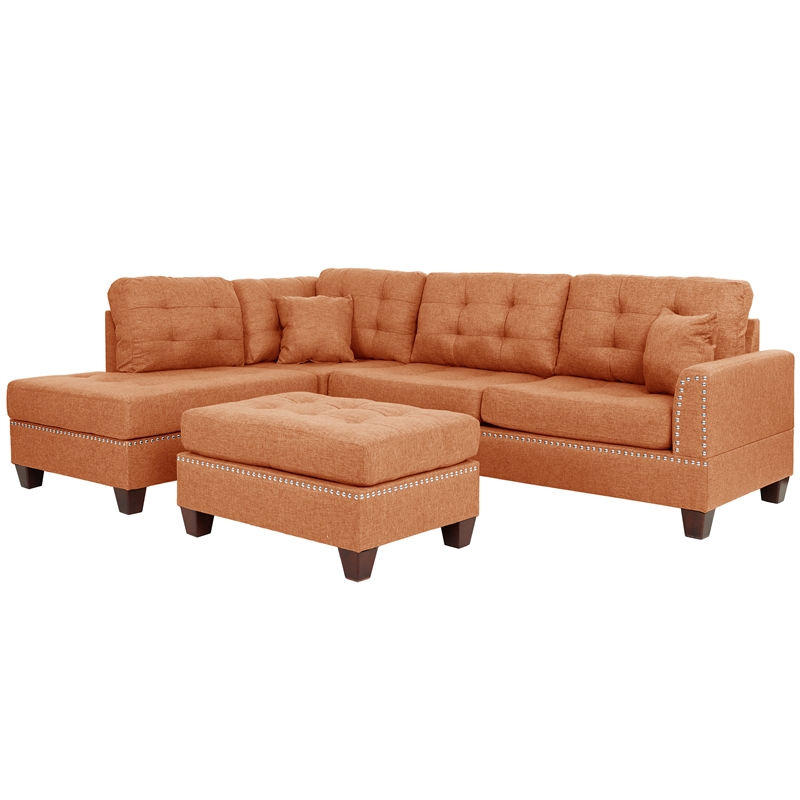 Poundex 3 Piece Fabric Sectional Sofa Set with Ottoman in Citrus Orange