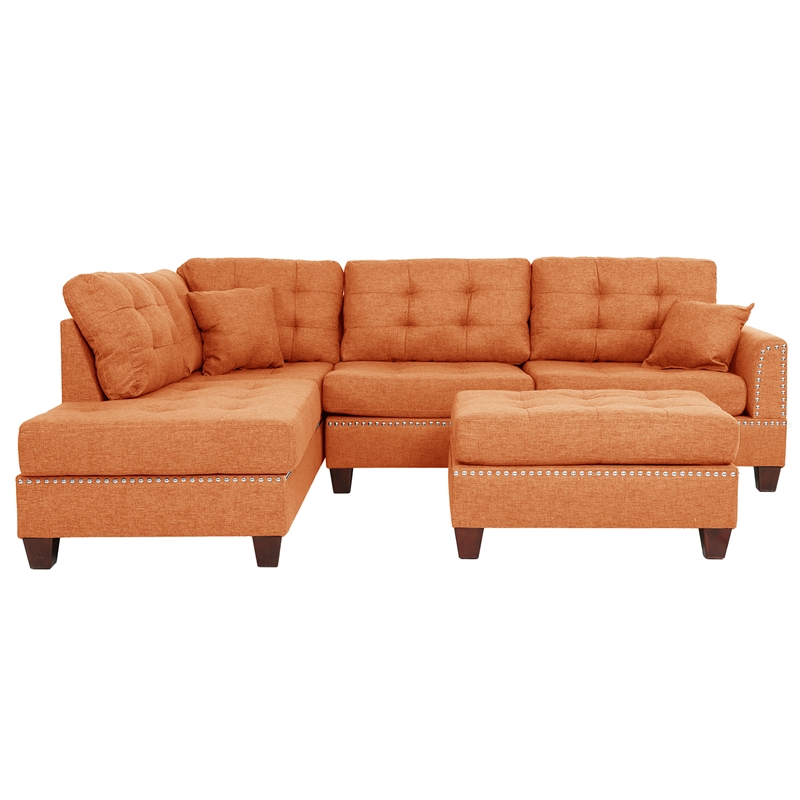Poundex 3 Piece Fabric Sectional Sofa Set with Ottoman in Citrus Orange