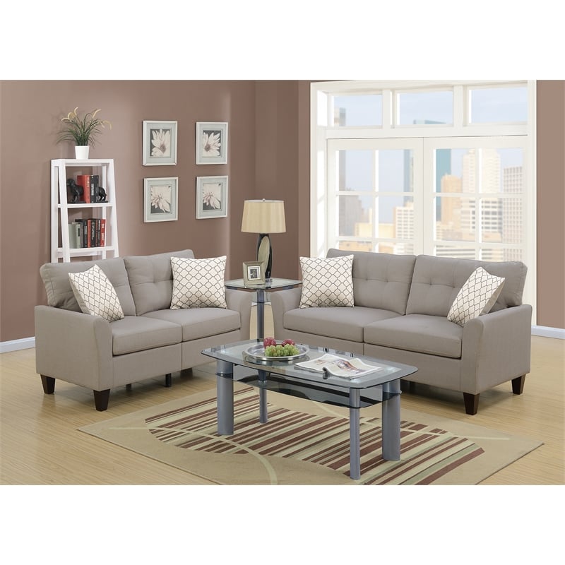 Poundex Furniture 2 Piece Fabric Sofa Loveseat Set in Beige Color