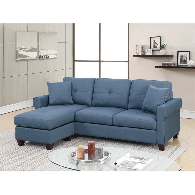 Poundex Furniture 2 Piece Fabric Compact Sectional Sofa Set in Blue Color