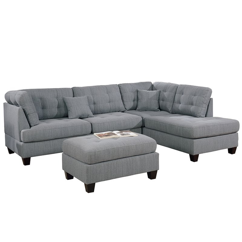 Poundex Fabric 3 Piece Sectional Sofa Set with Ottoman in Gray | Cymax ...