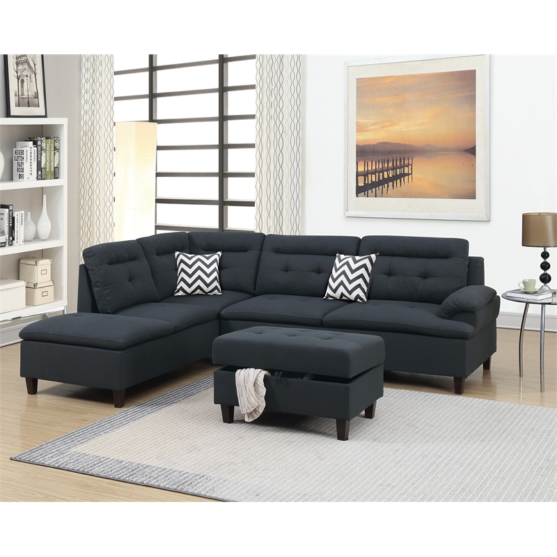 Poundex 3 Piece Fabric Sectional Sofa Set with Storage Ottoman in Black